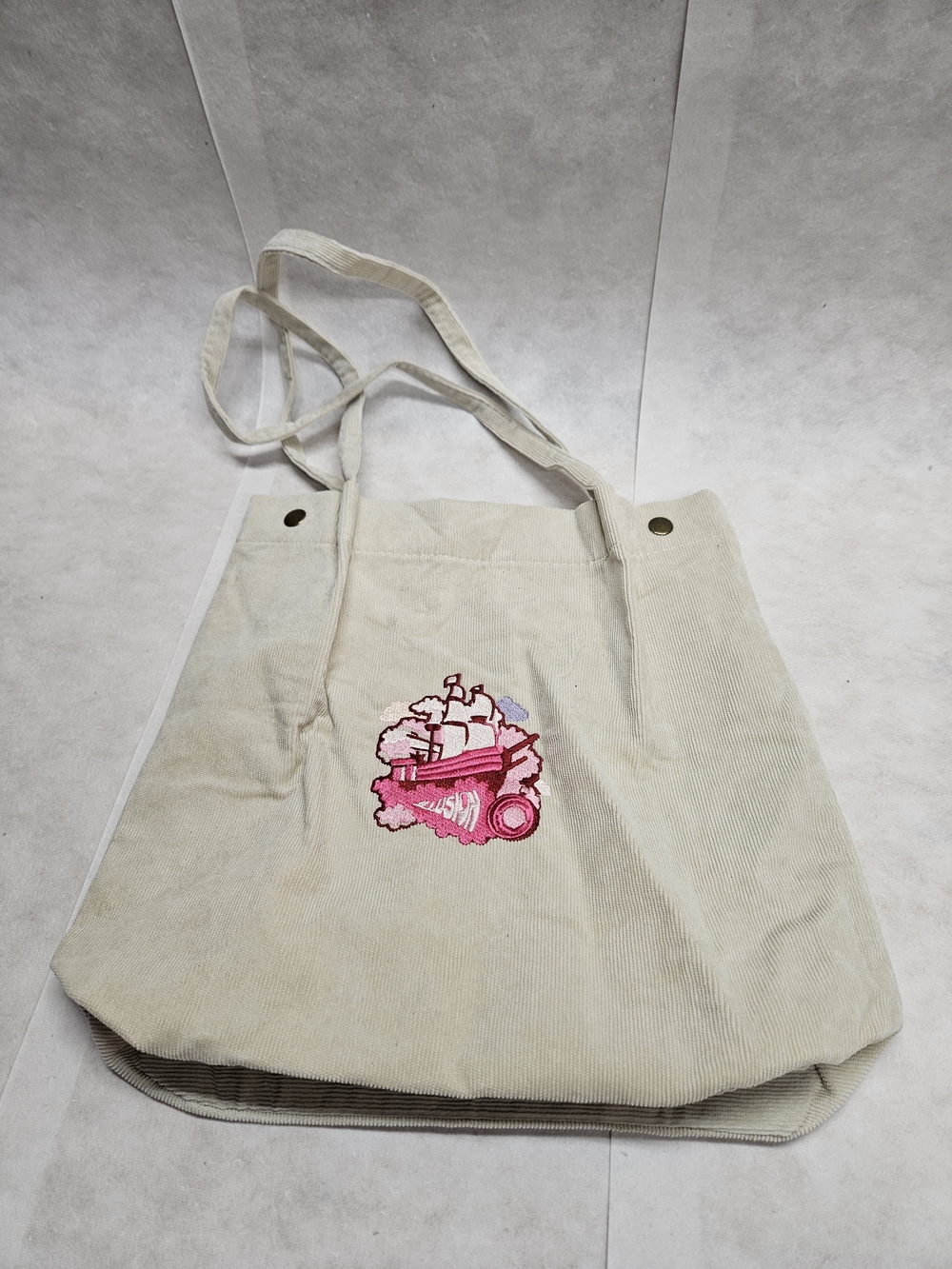 Neutral Canvas Tote with Pink Embroidered Graphic